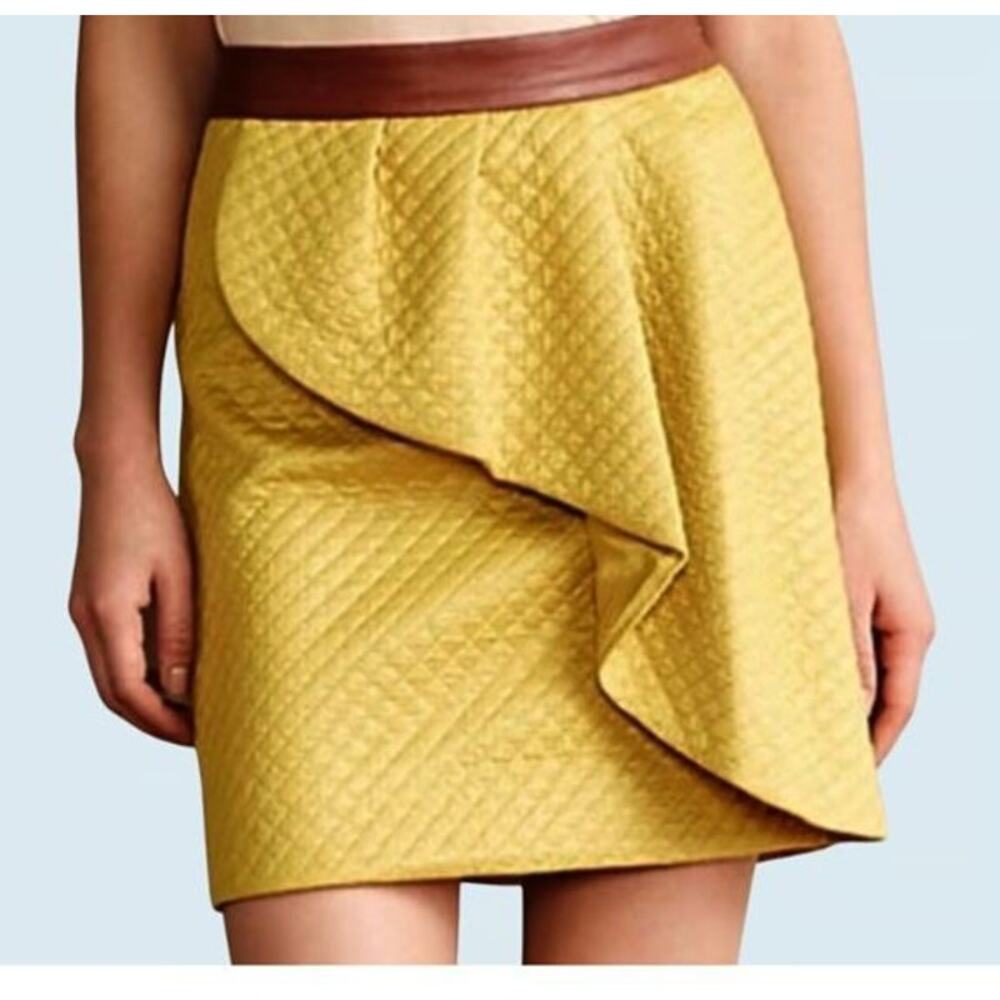 HD in Paris Anthropologie Quilted Pleat Ruffle Mini Skirt Yellow Preppy Size 8